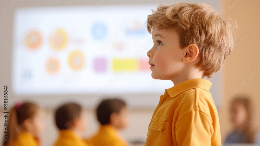 Poster classroom setting with a projector displaying educational content on a whiteboard, engaged students 