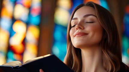 Church singer holding a hymn book, singing with eyes closed, soft lighting from stained glass, closeup shot, serene expression 