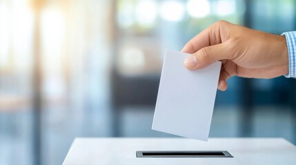 Close-up of a ballot being placed into a voting machine, with a blurred background of a polling station 