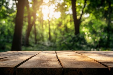 Empty wood table top with blur background of nature lush green forest with generative ai