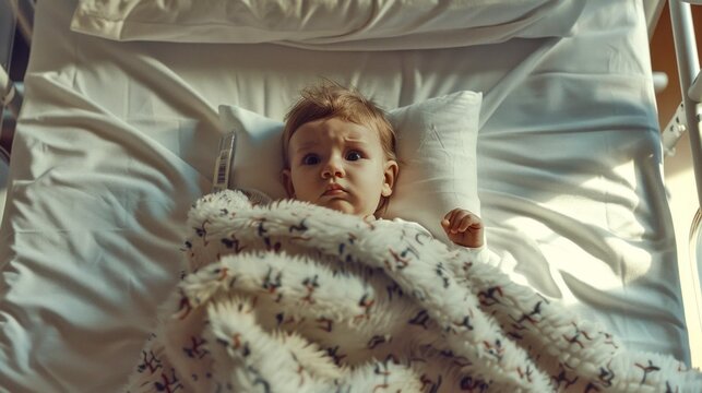 A comforting image of a young child lying in a hospital bed covered with a soft blanket. The child's eyes are wide open, expressing emotions. 