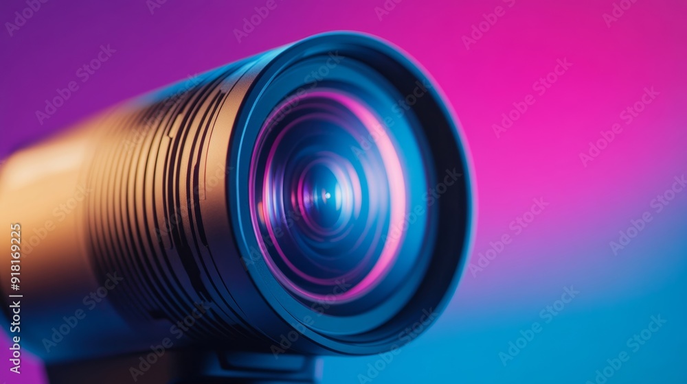 Poster close-up of a high-tech projector with bright lens flare, futuristic design, isolated on a gradient 