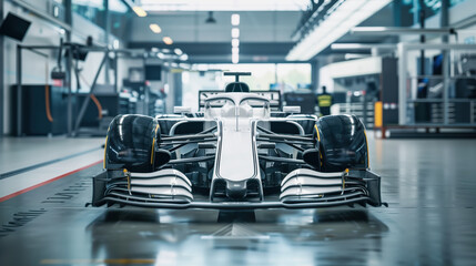Front View of White Formula 1 Racing Car in Garage