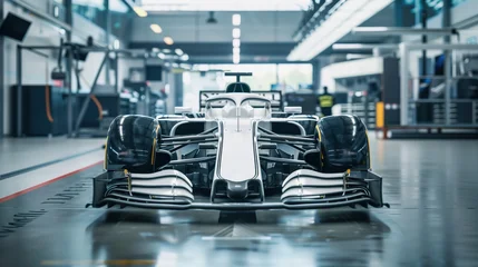  Front View of White Formula 1 Racing Car in Garage © anatoliycherkas