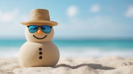 Close-up of a sand snowman with sunglasses and a straw hat, with ocean waves in the background 
