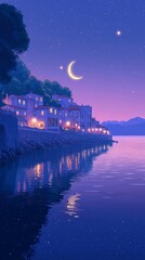 Crescent Moon and Star Seaside Night Islam Religion Spiritual Symbol - Generative AI