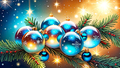 Beautiful glowing background with Christmas and New Year decorations and colorful balls. Christmas New Year fairytale mood. Christmas tinsel and beautiful Christmas tree toys.

