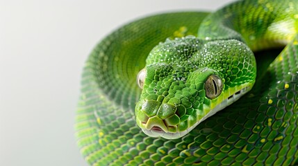 Fototapeta premium A green snake 2025 symbol with yellow spots on white background. Zodiac sign according to the Chinese horoscope. The snake is looking at the camera