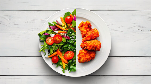 Vegan food vs Meat. Healthy food alternatives, mindful eating. Split-screen comparison of healthy salad and fried meat on a plate: A visual representation of diet choices