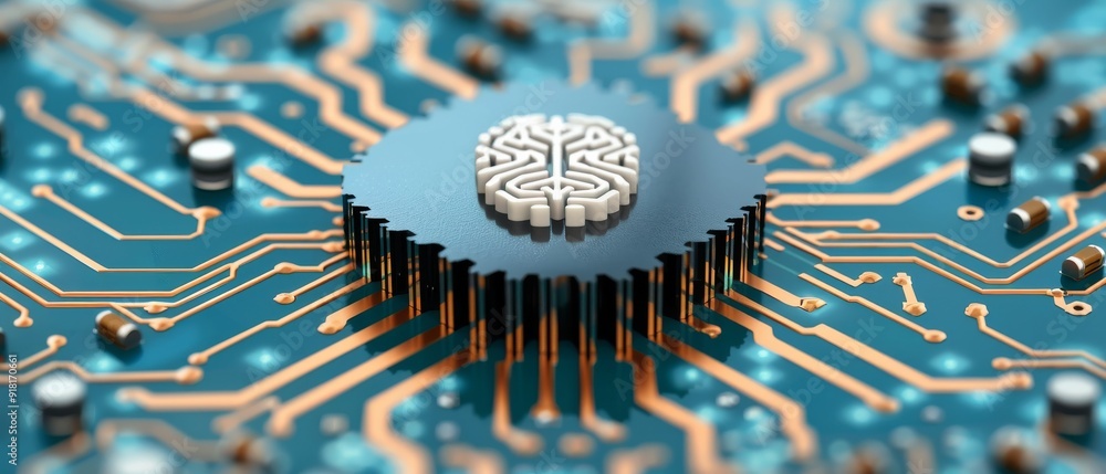 Poster brainpower circuit, 3d brain icon on microchip, concept of artificial intelligence