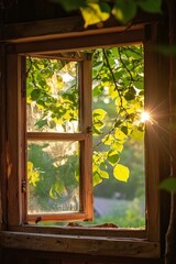 Fototapeta premium A window in a rustic treehouse, with leaves rustling in the wind and sunlight filtering through the branches. 