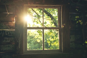 A window in a rustic treehouse, with leaves rustling in the wind and sunlight filtering through the branches. 