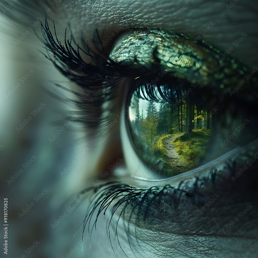Poster serene forest path reflected in captivating eye symbolizing journey of and discovery