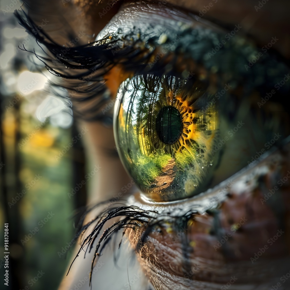 Poster eye reflecting a serene forest path symbolizing journey and