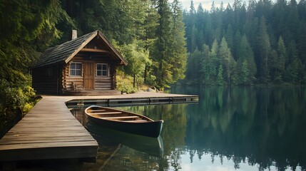 54. A peaceful lakeside cabin with a wooden dock, a rowboat, and reflections of the surrounding forest