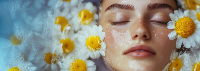 Woman floral beauty skincare facial spa relaxation daisy flower water nature botanical therapy skincare natural clean smooth glowing rejuvenation organic wellness banner background skin moist