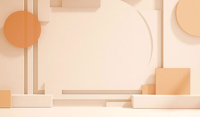 Cream background with orange geometric cubes and rectangular prisms, minimalist abstract design with layered depth and sharp edges.