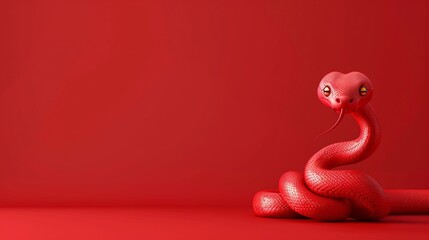 Fototapeta premium A red snake is curled up on a red background. The snake is looking at the camera. Zodiac sign according to the Chinese horoscope. Copy Space