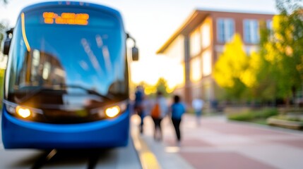 Closeup of a campus shuttle bus with university branding, students boarding, and vibrant campus buildings in the background 