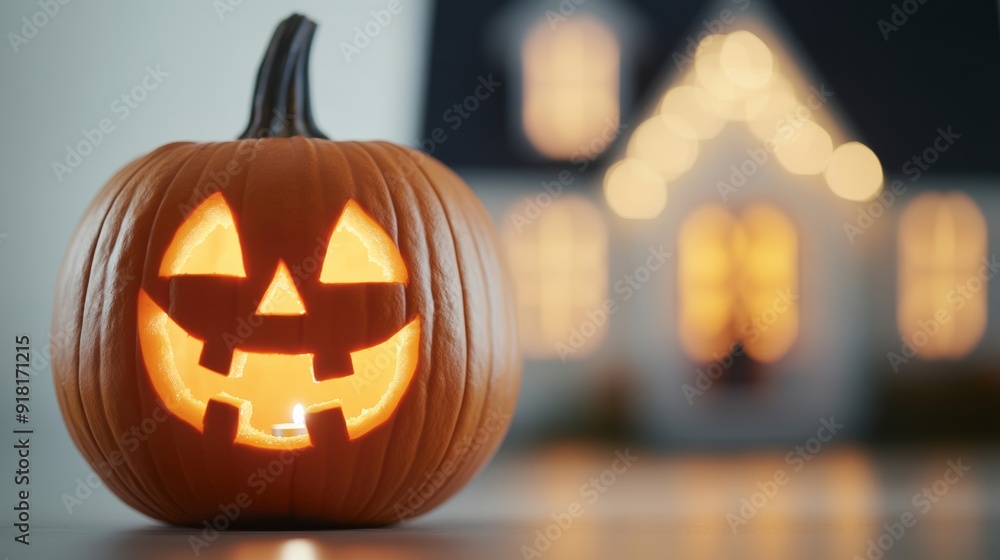 Sticker Closeup of a carved pumpkin with a spooky face, glowing with a candle inside, and a decorated house in the background, isolated on a white background 