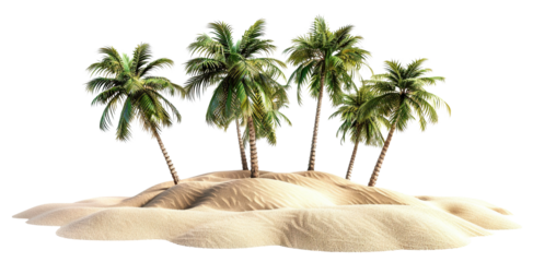 Tropical oasis with lush palm trees on sandy dune, cut out
