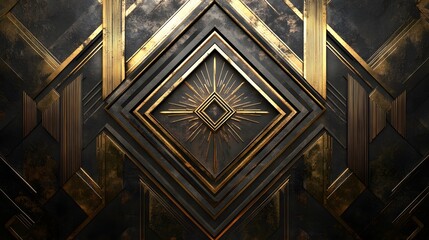56. A stylized art deco design with geometric patterns, bold lines, and metallic accents