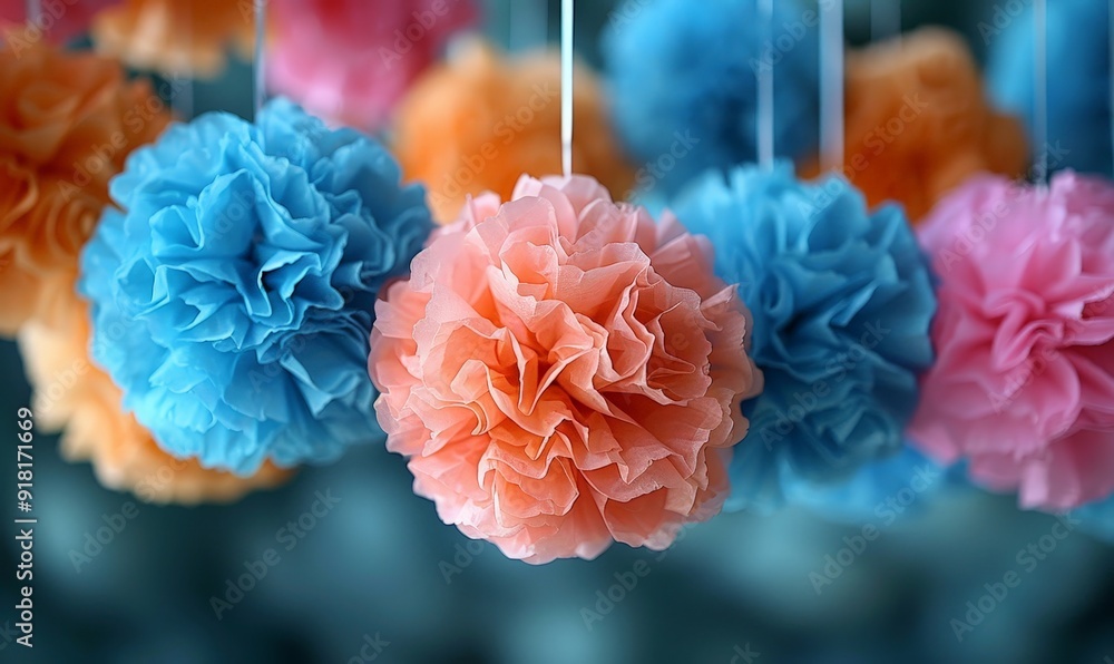 Canvas Prints Pom poms in various colors and sizes creating a playful wedding backdrop