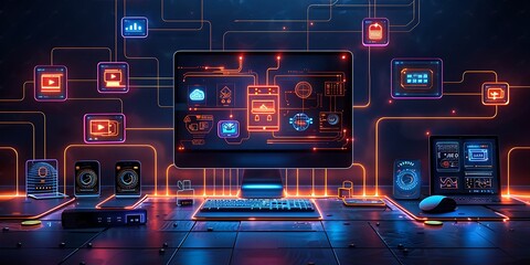 Technology Smart home with connected devices and digital icons Glowing house with symbolism	