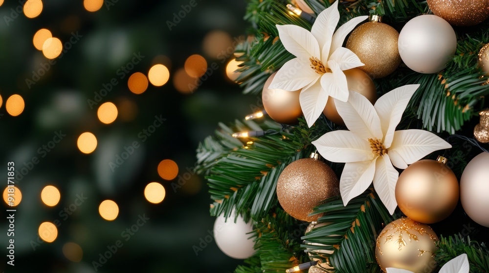 Sticker closeup of a decorated Christmas palm tree with gold and white ornaments, tropical flowers, and fairy lights, elegant and exotic atmosphere 