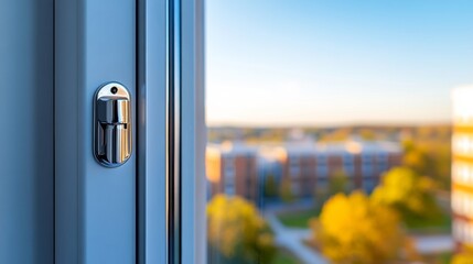 Closeup of a dorm room window with a secure lock and a view of a campus, highlighting the importance of insurance, isolated on a white background 