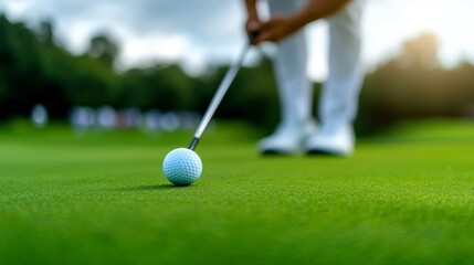 Obraz premium Closeup of a golfer's intense concentration during a putt, golf cup competition setting, lush green and crowd behind 