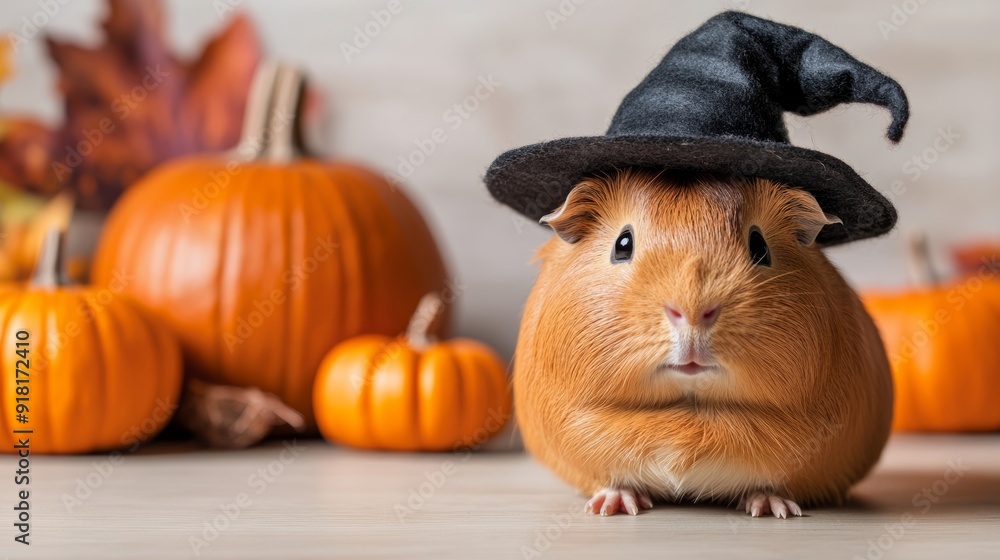 Poster Closeup of a guinea pig wearing a witch hat, sitting in a Halloween-themed setting with mini pumpkins and spooky decorations, isolated on a white background 