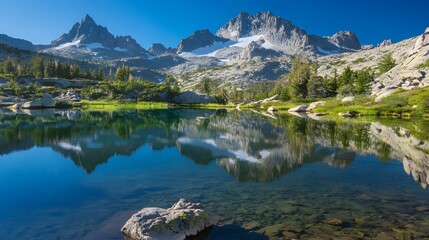 60. A tranquil mountain lake with a reflection of towering peaks and a calm, clear surface
