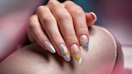 A woman with long nails and a silver glittery design on her fingers, AI