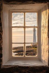 A window in a small coastal cottage, overlooking a beautiful lighthouse at the seaside 