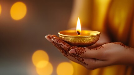 closeup of a hand lighting an elegant oil lamp (diya) for Diwali, intricate gold henna designs, warm and sophisticated glow 