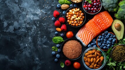 Brain Boosting Foods: Chalk Hand Drawn Image of Fresh Salmon, Vegetables, Nuts, and Berries on Black Background with Copy Space for Good Memory and Health