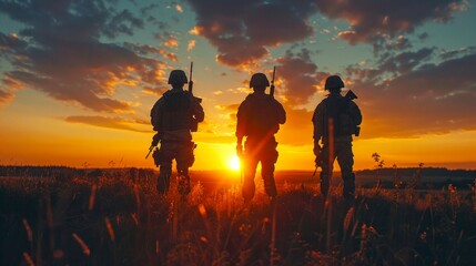 Three soldiers stand in silhouette against a stunning sunset. The scene is serene yet evokes strong emotions. This image captures beauty and bravery. 