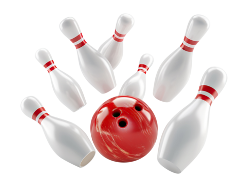 Striking down pins with a bowling ball, cut out