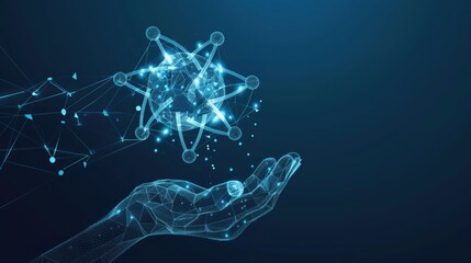 Digital Representation of Scientist's Hand Holding Nuclear Atom Structure in Virtual Space