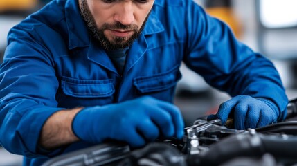 Closeup of a repairman fixing a car engine, wearing a blue uniform and gloves, focused expression, tools scattered around, garage background 
