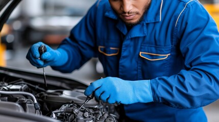 Closeup of a repairman fixing a car engine, wearing a blue uniform and gloves, focused expression, tools scattered around, garage background 