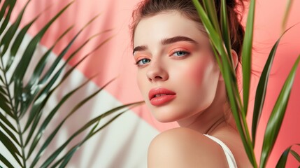 Naklejka premium Beautiful Woman with Natural Makeup and Tropical Leaves on a Pink Background