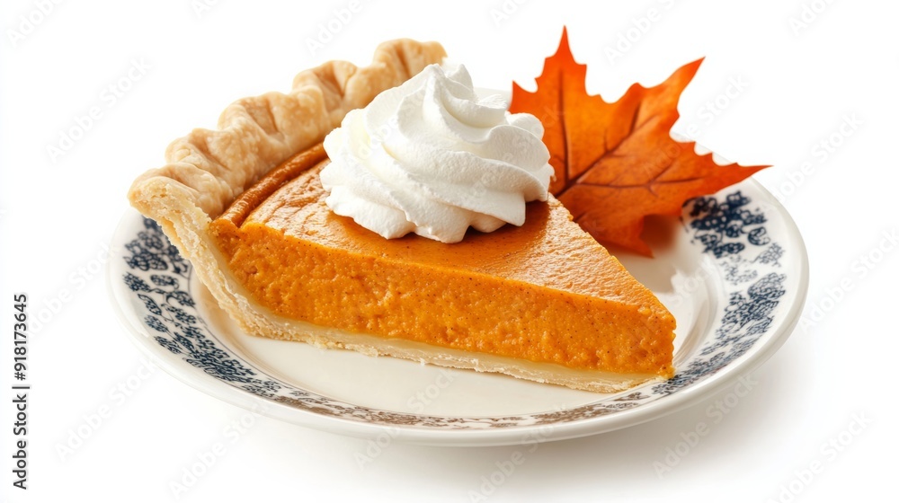 Wall mural Closeup of a retro-style pumpkin pie with whipped cream, on a vintage plate, surrounded by fall leaves and decorations, isolated on a white background 