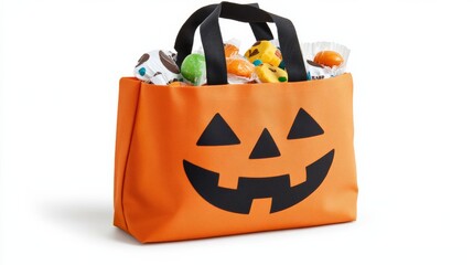 Closeup of a retro Halloween candy bag with a classic pumpkin design, filled with old-fashioned treats, isolated on a white background 