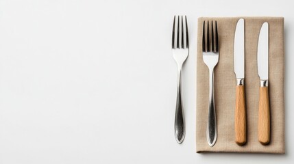 Closeup of a retro-style place setting with vintage cutlery, a cloth napkin, and a handwritten place card, isolated on a white background 