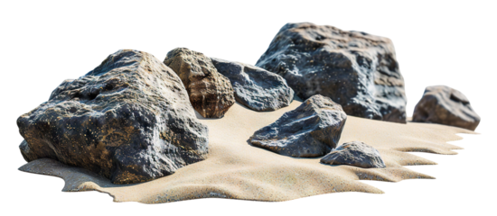 Natural rock formation along sandy beach under bright daylight, cut out