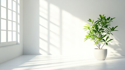 A bright, minimalistic white interior with a green plant in a pot by a sunny window, creating a serene and airy atmosphere.