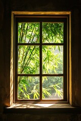 A window in a tranquil meditation room, with bamboo plants outside swaying gently in the breeze. 