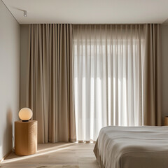 Capturing the unique blend of functionality and style in a hotel bedroom adorned with blackout curtains and minimalist scandinavian furniture. 